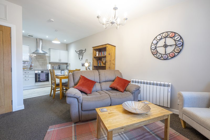 Open-plan living room and kitchen with grey sofa, wooden table, and decorative clock on wall