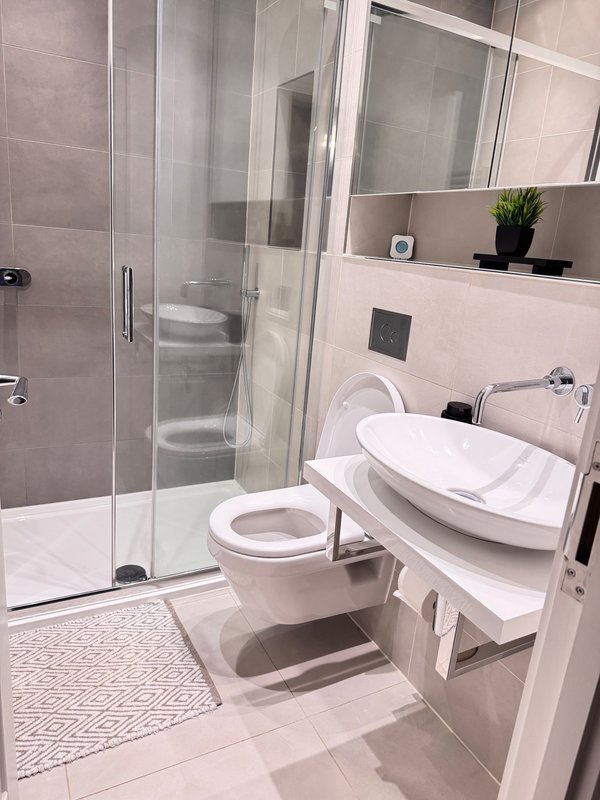 Modern bathroom with walk-in shower, white sink vanity, toilet and grey tiled walls