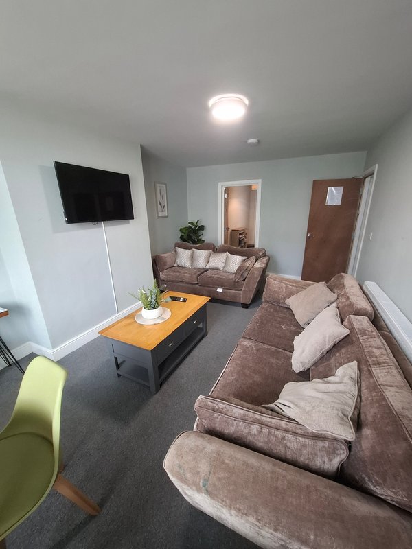 Living room with brown sofas, TV on wall, wooden coffee table and potted plants