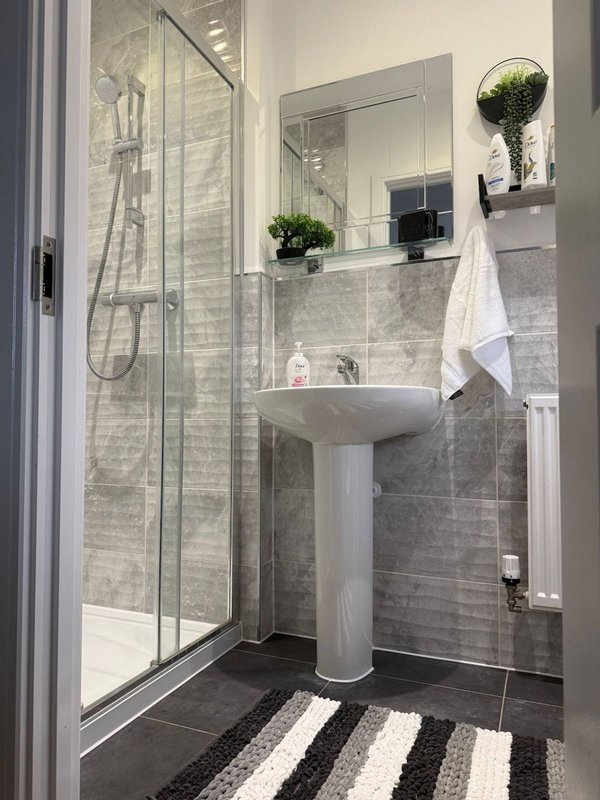 Modern bathroom with pedestal sink, glass shower enclosure, mirror and potted plants