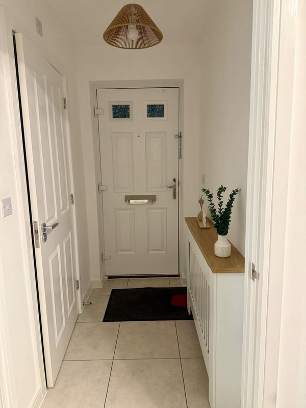 Bright entryway with cream-painted door, tiled floor, black doormat, and decorative plant on shelf