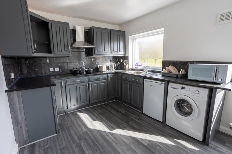 Modern kitchen with grey cabinetry, black countertops, stainless steel appliances and window