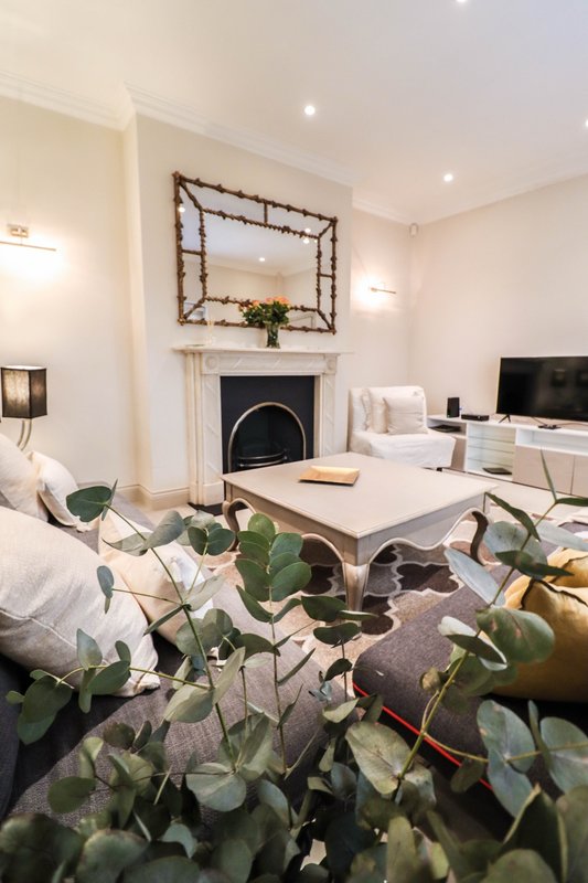 Bright living room with fireplace, decorative mirror, white sofa, dining table and potted plants