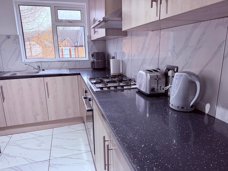 Modern kitchen with light wood cabinets, black speckled countertop, gas hob and appliances