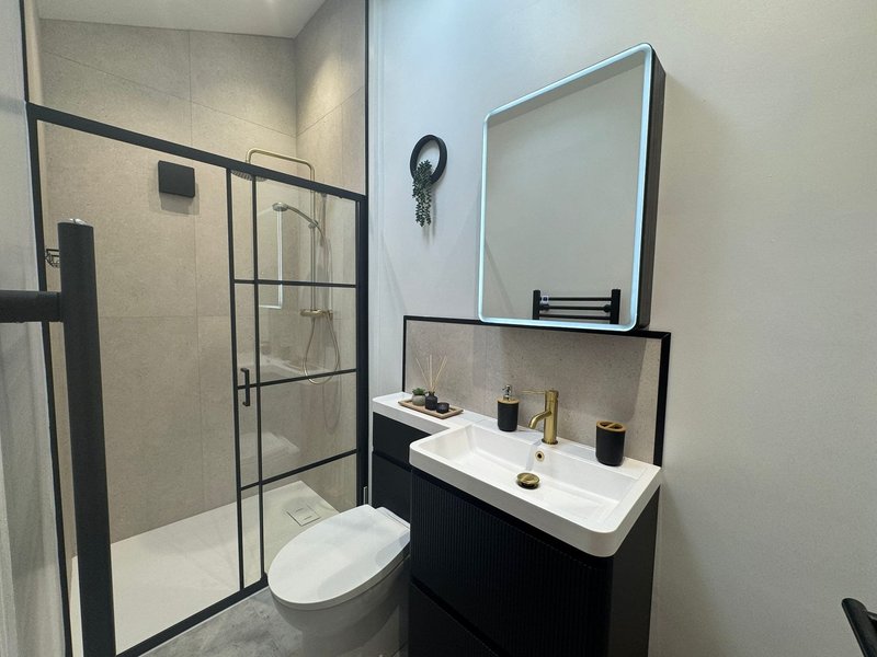 Modern bathroom with black vanity, white sink, mirror, toilet and walk-in shower enclosure