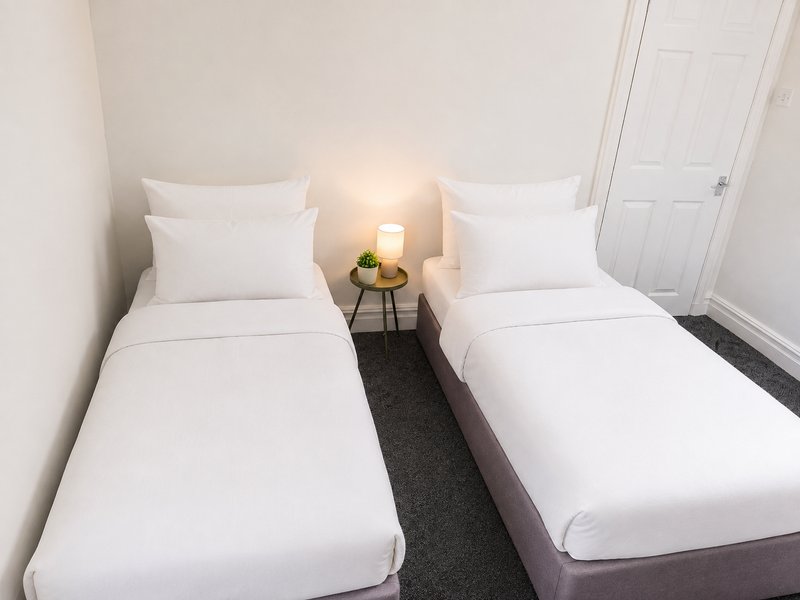 Twin bedroom with two single beds, white bedding, small side table with lamp and plant