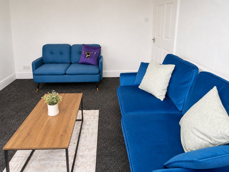 Modern living room with two blue sofas, wooden coffee table, and white cushions