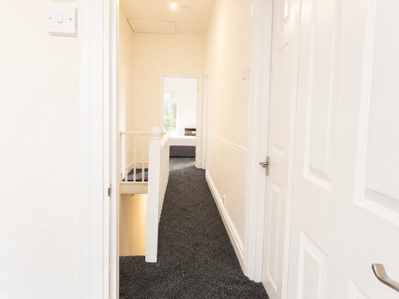 Bright hallway with white walls, dark carpet runner, and multiple white doors