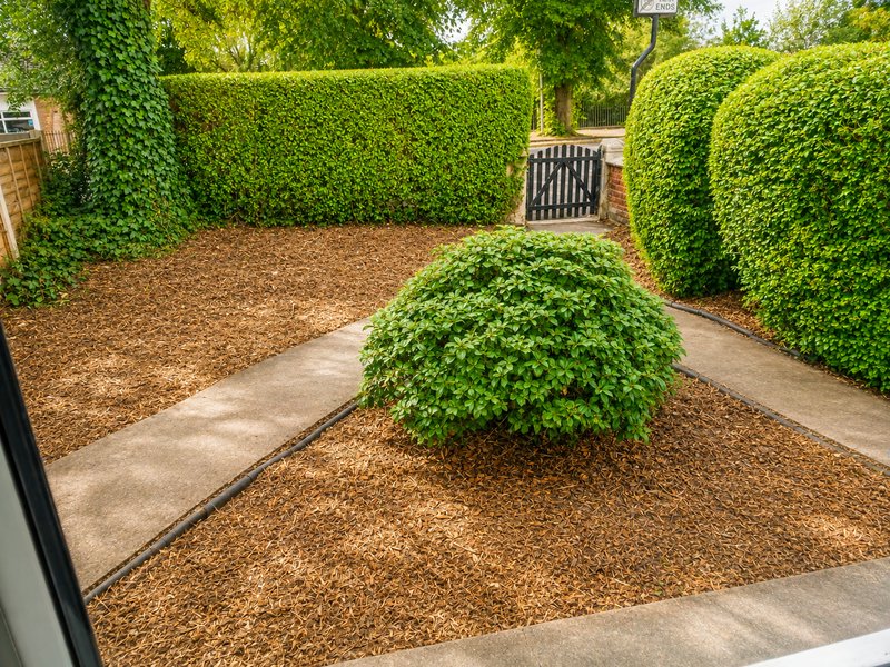 Garden area with manicured hedges, gravel pathways, concrete paving and green shrub