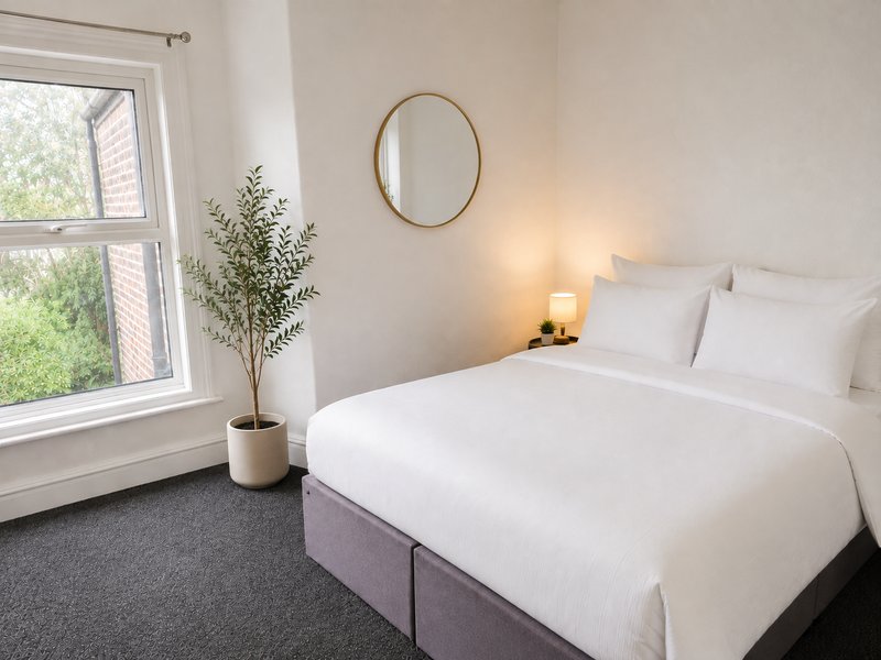 Bright bedroom with double bed, window, potted plant, round mirror and bedside lamp