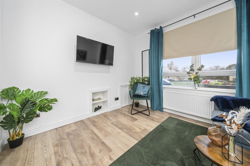 Modern living room with wooden flooring, wall-mounted TV, potted plant, and window with countryside view
