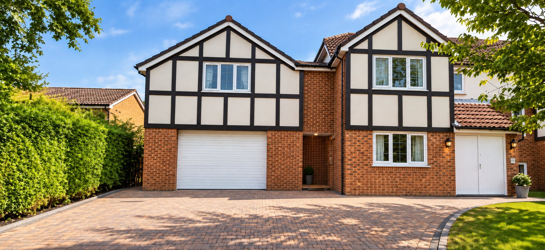 Brick and timber-frame house with double garage, driveway and manicured front garden