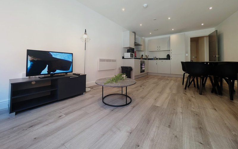 Open-plan living area with TV, kitchen, dining table and wooden flooring throughout