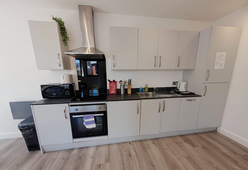Modern kitchen with white cabinetry, black countertop, built-in oven and hob
