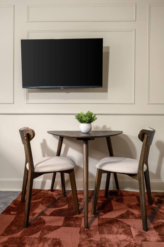 Dining area with small wooden table, two upholstered chairs, wall-mounted TV and potted plant