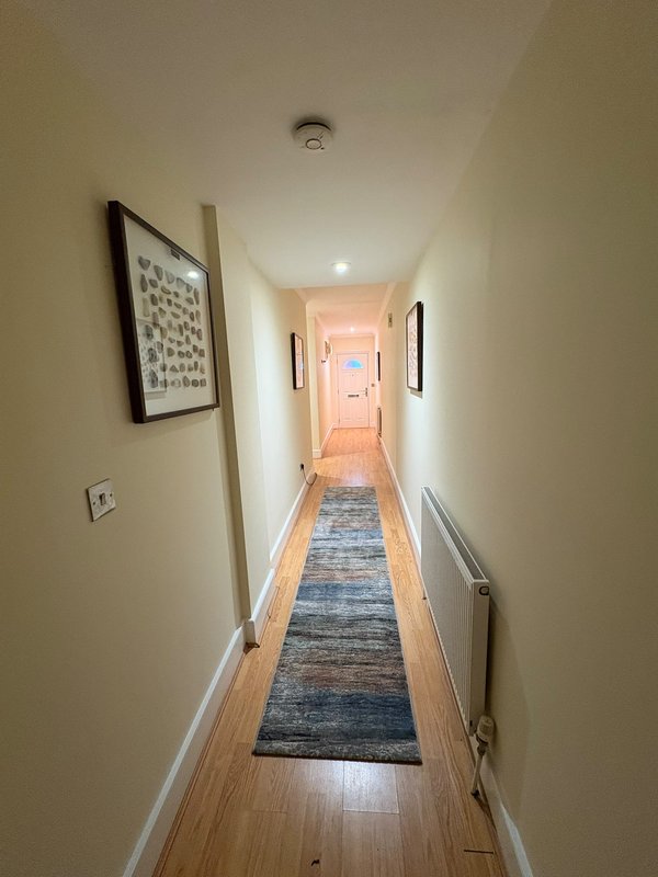 Narrow hallway with wooden flooring, framed artwork on wall, and blue runner rug