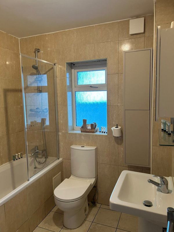 Modern bathroom with shower enclosure, toilet, sink and window overlooking water
