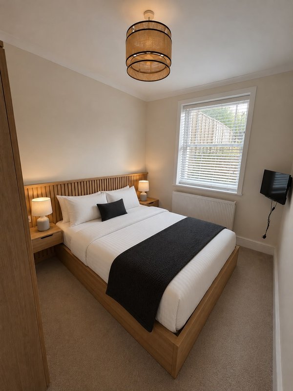 Compact bedroom with wooden bed, white bedding, pendant light, and window with blinds
