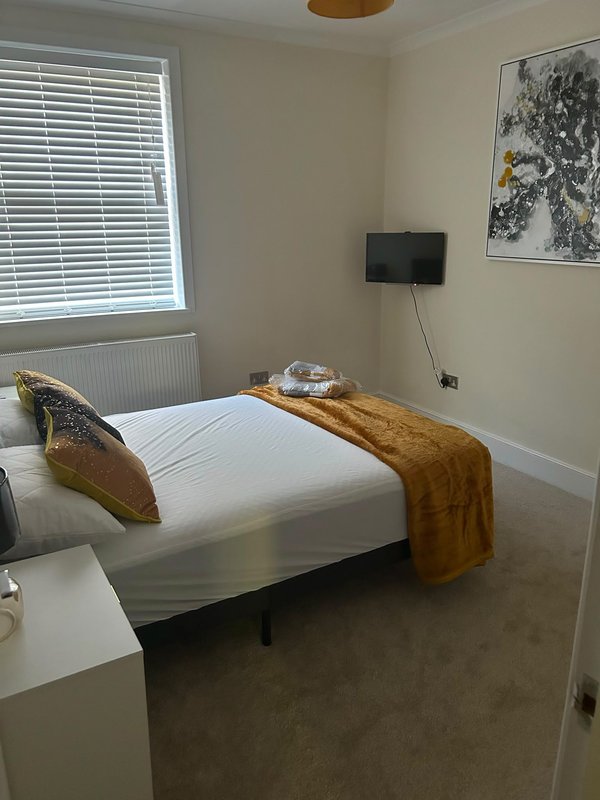 Bedroom with single bed, white bedding, gold throw, wall-mounted TV and window blinds