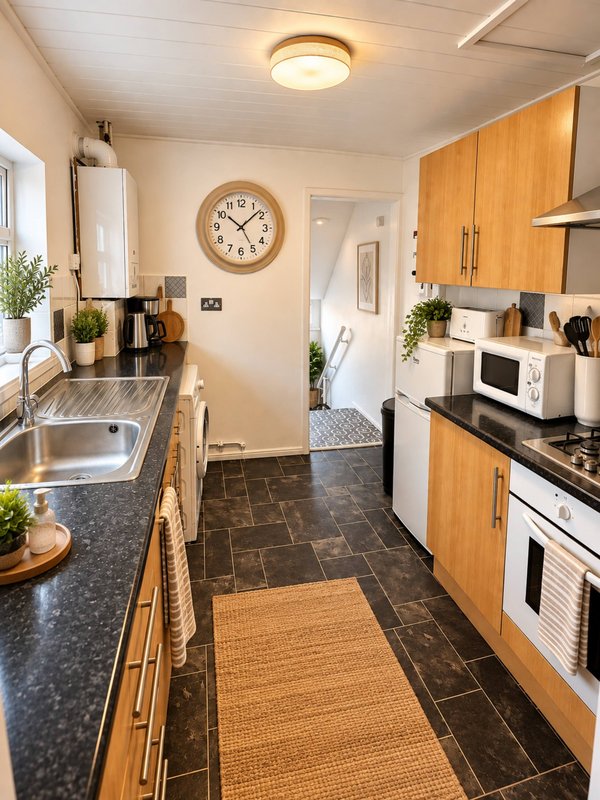 Modern galley kitchen with wooden cabinets, stainless steel sink, black countertops and appliances