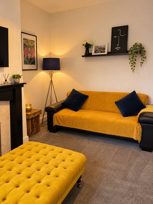 Living room with yellow sofa and ottoman, floor lamp, fireplace, wall art and shelving