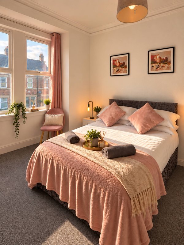 Bedroom with double bed, pink bedding, window with city view, framed wall art