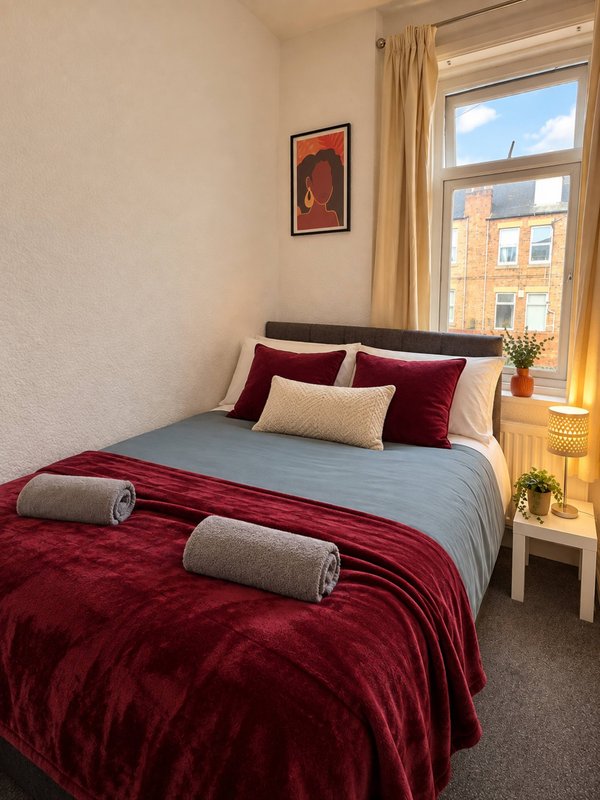 Bedroom with double bed, burgundy bedding, cushions, window with city view, framed artwork