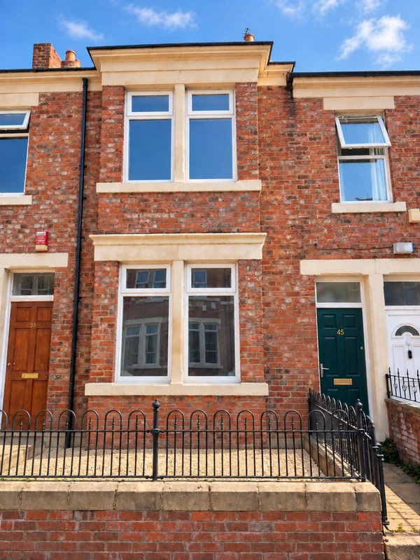 Red brick Victorian terraced house with cream stone trim and black iron railings