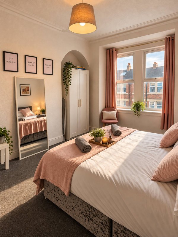 Bedroom with double bed, pendant lamp, mirror wardrobe and large window with city view