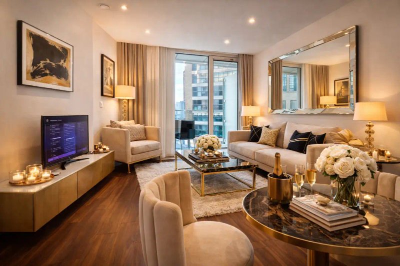 Luxurious living room with cream sofa, armchairs, wooden floors, and city views through floor-to-ceiling windows