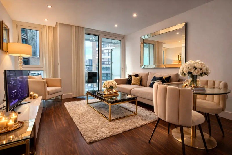Spacious modern living room with beige sofa, armchairs, wooden floor and city views