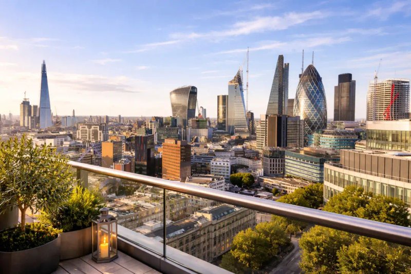 Balcony with city skyline view, potted plants, lantern and metal railing