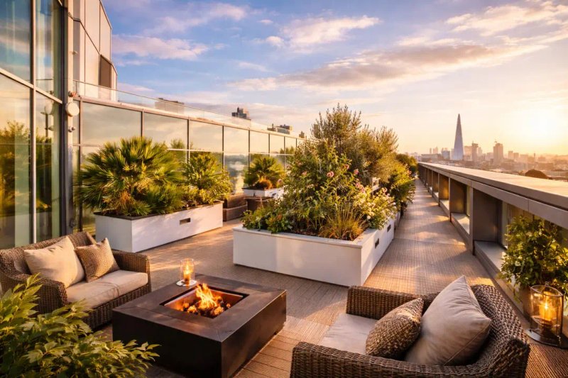 Rooftop terrace with seating, fire pit, potted plants and city skyline view