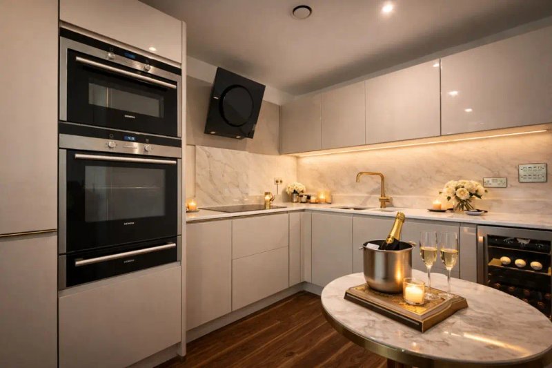 Modern kitchen with white cabinets, marble countertops, built-in appliances and round island