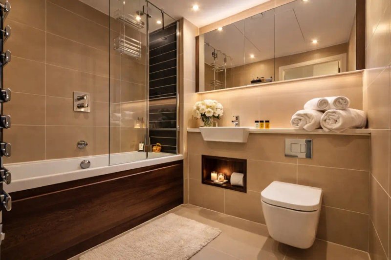 Modern bathroom with bathtub, toilet, sink, shelving and heated towel rail