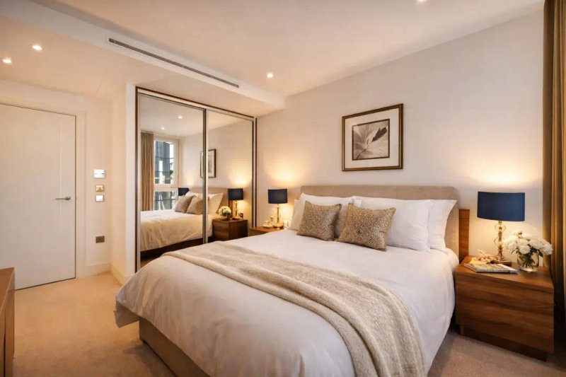 Modern bedroom with double bed, mirrored wardrobe, bedside tables and warm lighting