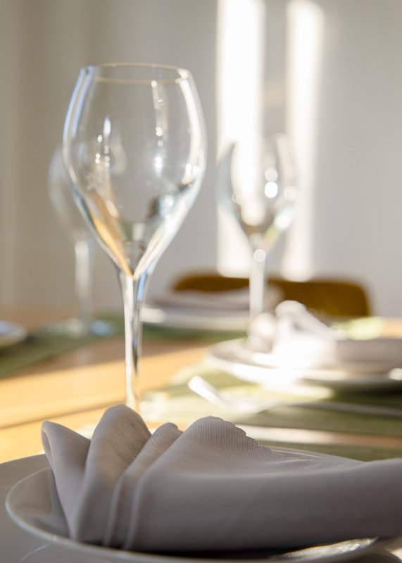 Formal dining table setting with wine glasses, folded napkin, and place settings
