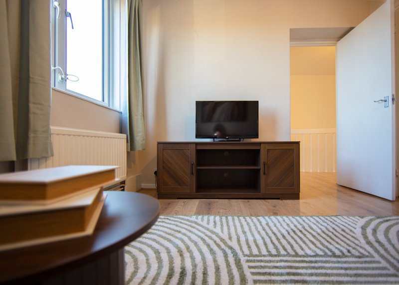 Modern living room with TV on wooden cabinet, geometric striped rug, and window with curtains