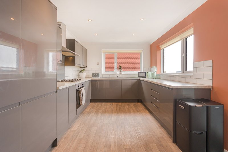 Modern kitchen with grey cabinetry, wooden flooring, and coral accent wall