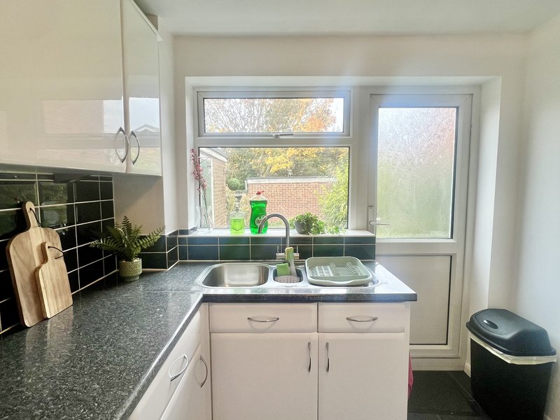 Modern kitchen with white cabinetry, dark countertop, sink and window overlooking garden