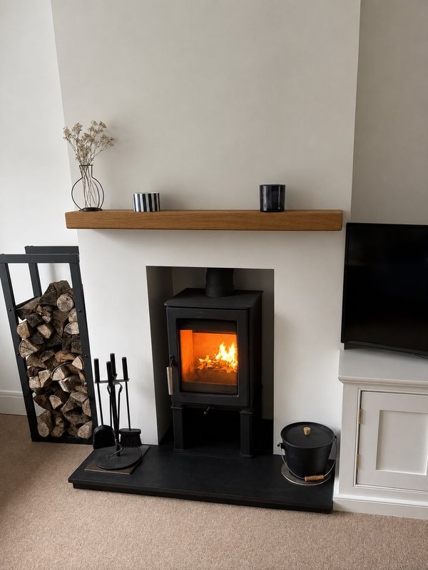 Modern living room with black wood-burning stove, lit fire, wooden mantel shelf, and fireplace accessories