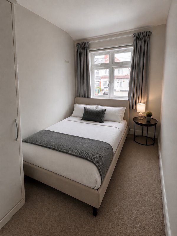 Compact bedroom with double bed, grey bedding, window with curtains and side table