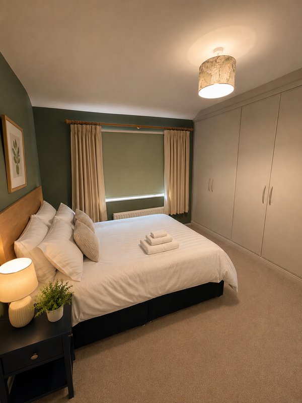 Bedroom with double bed, white bedding, green accent wall, wooden headboard and built-in wardrobes