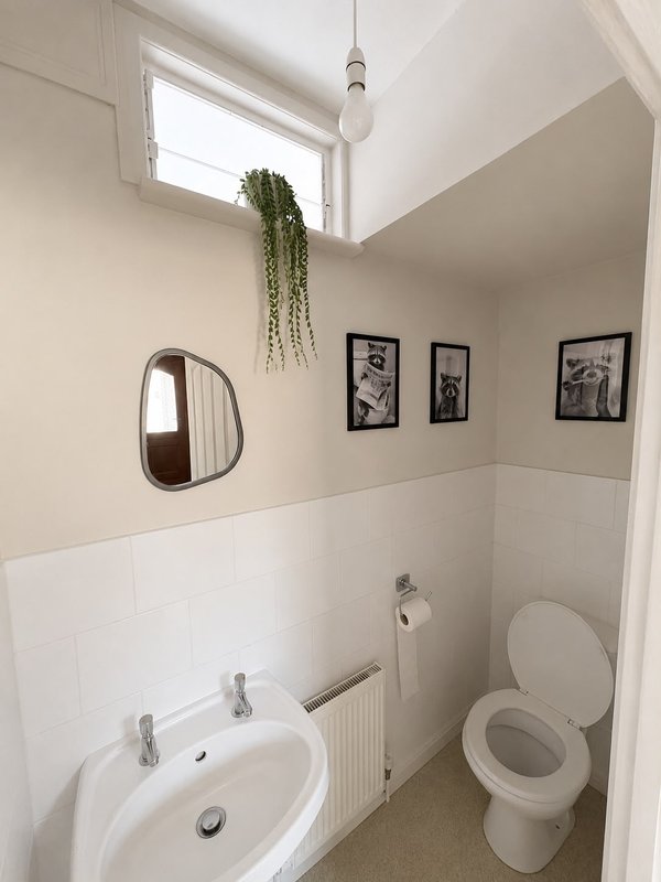 Bright bathroom with white tile, pedestal sink, toilet, mirror and hanging plant