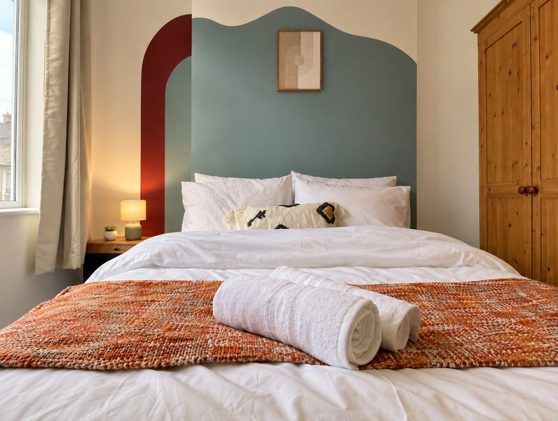 Bedroom with double bed, teal headboard, white bedding, orange throw, and wooden wardrobe