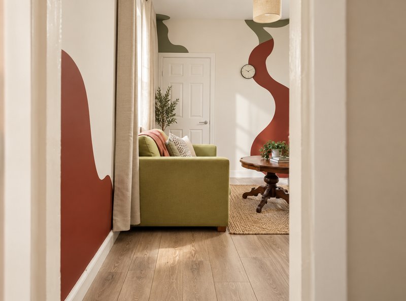 Hallway with wooden flooring leading to living room with olive-green armchair and decorative red wall art