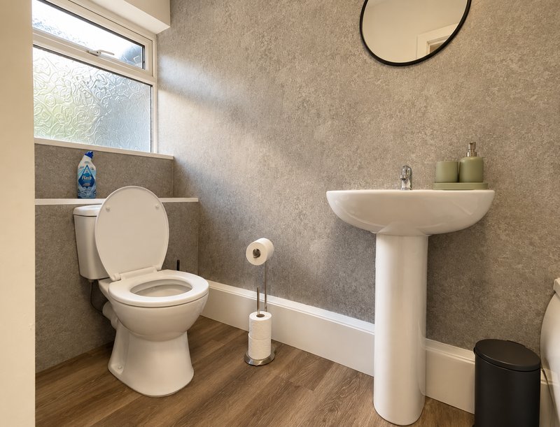 Bathroom with toilet, pedestal sink, mirror, toilet brush holder and window