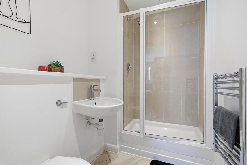 Modern bathroom with white sink, shower enclosure, heated towel rail and small plant decor