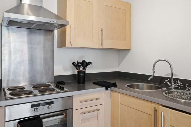 Modern kitchen with light wood cabinets, stainless steel appliances, black countertops and sink