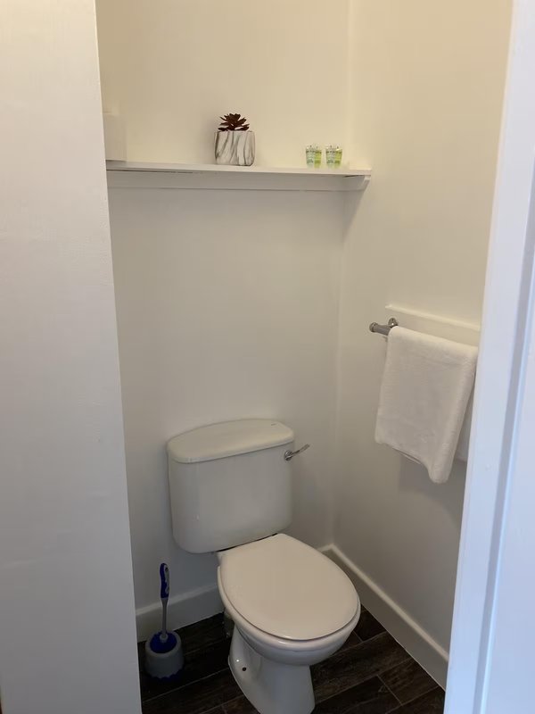Small bathroom with white toilet, shelf with décor, towel rack and dark floor